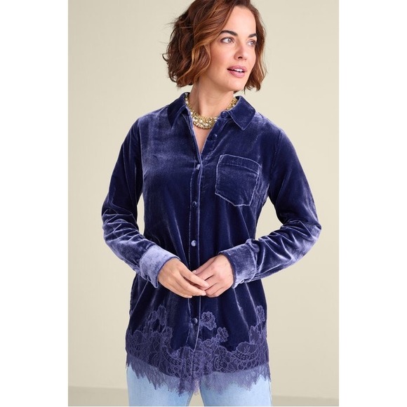Soft Surroundings Tops - Soft Surroundings Eden Velvet Lace Button Down Shirt 1X Shacket Cozy Luxe Velvet